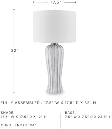 Signature Design by Ashley Lanwell Table Lamp, Tall 32" Antique Gray Fluted Base, Transitional Style Cotton Drum Shade for Living Room and Bedroom Nightstand, 3-Way Switch, 150W Max - Image 7
