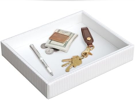 HofferRuffer Faux Leather Vanity Tray, Elegant Desktop Storage Organizer, Decorative Catchall for Perfume, Bathroom Valet, Nightstand or Dresser, 10.2 x 8.4 x 1.8 inches (White Stripe) - Image 6