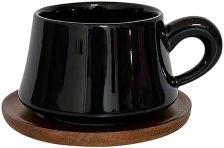 Black Cappuccino Mug and Wood Saucer - 7 oz Ceramic Coffee Cup with Saucer | Microwave Dishwasher Safe | For Tea, Espresso, Latte | Porcelain Cup Set for Kitchen Cafe | Great Gift - Image 7