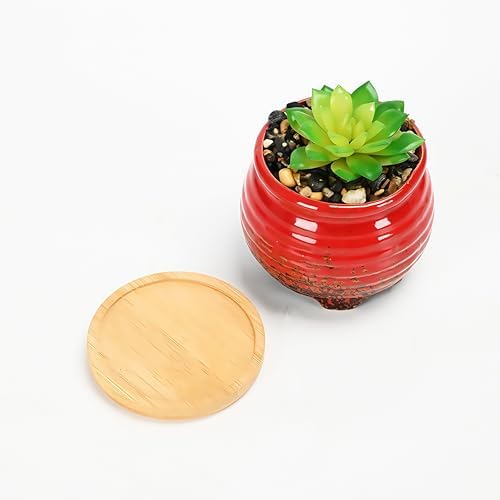 3.5 Inch Ceramic Succulent Planter Pot with Drainage Hole & Bamboo Tray - Mini Round Small Plant Pot for Indoor Desktop, Cactus Flower Container (Plant and Soil Not Included),Green - Image 5