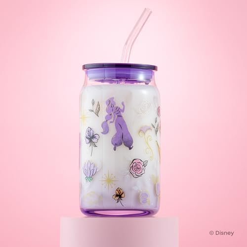 JoyJolt Disney Princess Icon Glass Tumblers with Lids and Straws, 16oz Glass Cups with Lids and Straws ft Princess Jasmine Ariel Cinderella Belle, 4pc Can Shaped Drinking Glasses, Iced Coffee Cups - Image 6