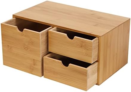 Bamboo Desk Organizer Small Retro Bamboo Tabletop Storage Box with Drawers& Recess Handles for Office Home Supplies Table Storage Collector 13 * 7.5 * 6in (3 Drawers/1 Left&2 Right) - Image 7