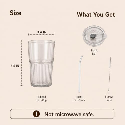 16oz/470ml Ribbed Glass Iced Coffee Tumbler with Lid and Straw, Thick-walled Clear Drinking Glass Cups for Cold Brew, Matcha, Smoothies, Leak-Resistant BPA-Free Travel Mug-2PACK - Image 7