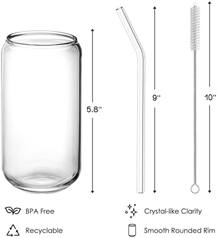 NETANY Drinking Glasses with Glass Straw 4pcs Set - 16oz Highball Glass Cups, Beer Glasses, Iced Coffee Glasses, Cute Tumbler Cup, Ideal for Whiskey, Soda, Tea, Water, Gift, 2 Brushes - Image 7