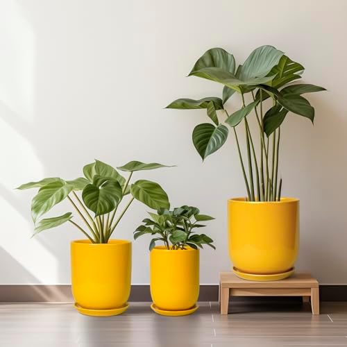 Ceramic Pot for Plants - 10 Inch Plant Pot Indoor with Drainage Hole and Saucer Large Planter for Outdoor Plants Cylinder Decorative Flower Pot Yellow - Image 7