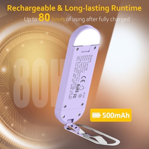 Akomid USB Rechargeable Book Light for Reading in Bed, 8 LEDs Bookmark Style Clip on, Eye-Cared Amber Light Mode for Kids, Blue Light Blocking, Stepless Dimming, Purple - Image 7