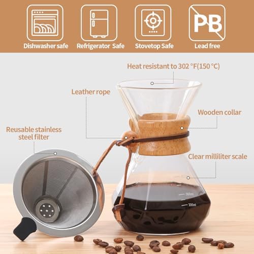 Pour Over Coffee Maker 14 OZ, 4 Cup Borosilicate Glass Drip Coffee Maker with Reusable Stainless Steel Filter and Cork Grip for Home Café 400 ML (Diamond Shape) - Image 6