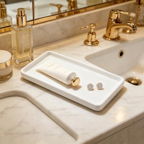 White Ceramic Vanity Tray (6.3" x 2.9") - Rectangular Trinket Dish for Jewelry, Keys & Soap, Multi-Scene Organizer for Bathroom, Kitchen, Entryway & Dresser, Modern Home Decor - Image 6