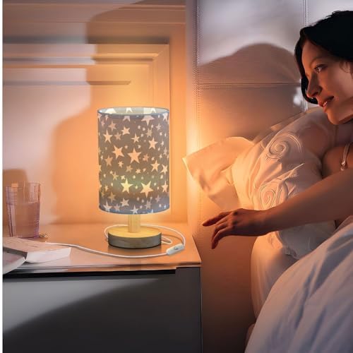 White Stars on Grey Background Bedside Table Lamps with USB Port for Bedroom Lamp Small Nightstand Lamp Sturdy Linen Shade Wooden Base Decorative Lamps for Kids Reading Dorm Home - Image 7