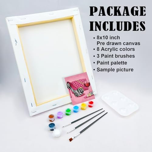 VOCHIC Pre Drawn Canvas Painting Kit for Adults for Painting Party Kit Paint and Sip Party Supplies 8x10 Canvas Girl High Heel Glass Bag Lipstick 8 Colors,3 Brush,1 Pallet Art Set - Image 5