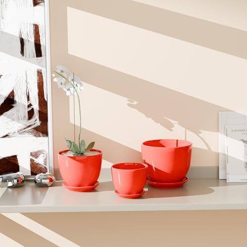 Ceramic Plant Pots Set of 3,Red Flower Pots with Drainage Holes and Saucers - Image 4