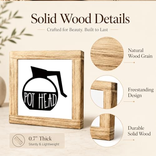 Pot Head Coffee Wood Sign, Funny Coffee Pot Plaque, Caffeine Lover Kitchen Decor Accent, Rustic Beverage Station Shelf Sitter For Countertop Pantry Breakfast Nook, 5.9 x 5.9 in - Image 6