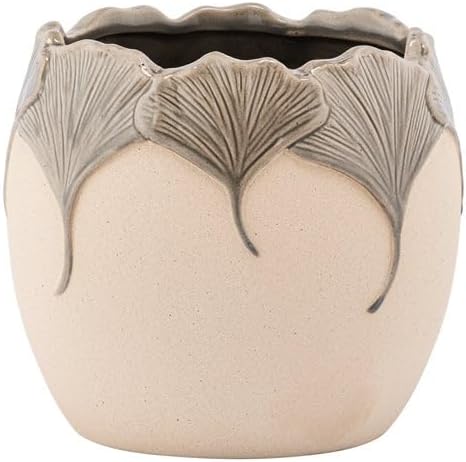 Napco Imports Decorative Home or Garden 4.5 x 4 Inch Indoor or Outdoor Flower Pot Planter Grey and Beige Ginkgo Leaf by Napco