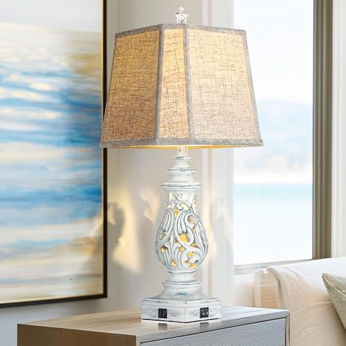 PARTPHONER 29" Table Lamps Set of 2, Bedside Lamps with USB A+C Ports & Night Light, Farmhouse Nightstand Lamps with Linen Fabric Shades for Bedroom Living Room, Washed Blue (LED Bulbs Included) - Image 7