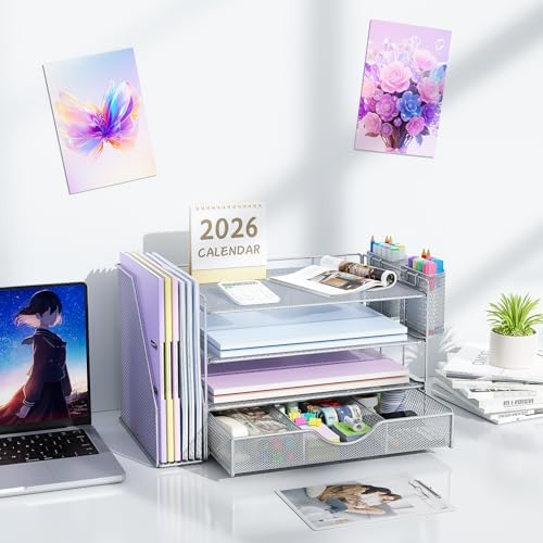 gianotter Desk Organizers and Accessories with File Holder, 4-Tier Desk Accessories & Workspace Organizers with Drawer and 2 Pen Holder, Paper Organizer for Office Supplies (Grey) - Image 7