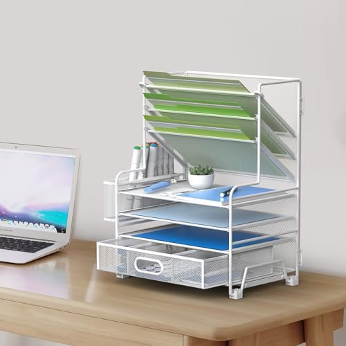 MINDEPOT 4-Tier Paper Organizer + 3-Pocket File Holder + Drawer + Pen Holders, Desktop File Organizers Paper Tray for Office Supplies School Classroom Organization (White, with Drawer & Pen Holder) - Image 6
