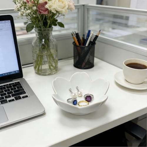 Ceramic Jewelry Dish, White Small Jewelry Bowl, Flower Ring Dsih Decorative Jewlery Tray, Cute Trinket Tray Jewelry Holder for Bathroom Nightstand, Friendship Birthday Gifts for Women Mom - Image 7
