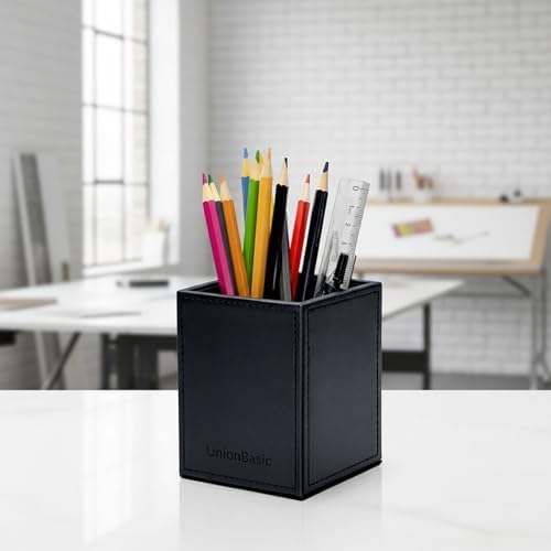 UnionBasic Square Pen Holder, Leather Pencil Cup, Desktop Caddy Stationery Organizer, Black - Image 7