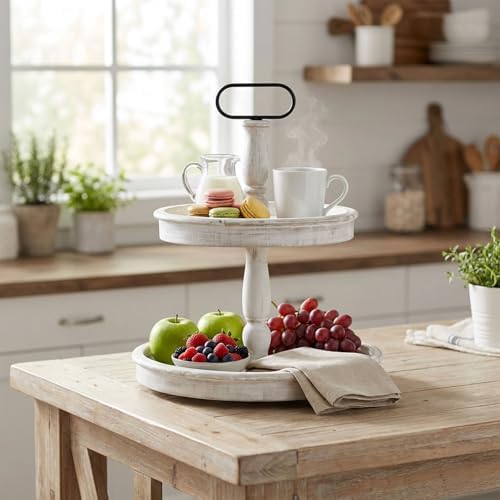 Krismax Decorative Trays - Two Tiered Tray Stand Rustic Tiered Tray Decor 2 Tiered Tray Serving Tray Seasonal & Holiday Decoration Wooden Tray for Coffee Table Farmhouse Display Stand Tray - Image 6