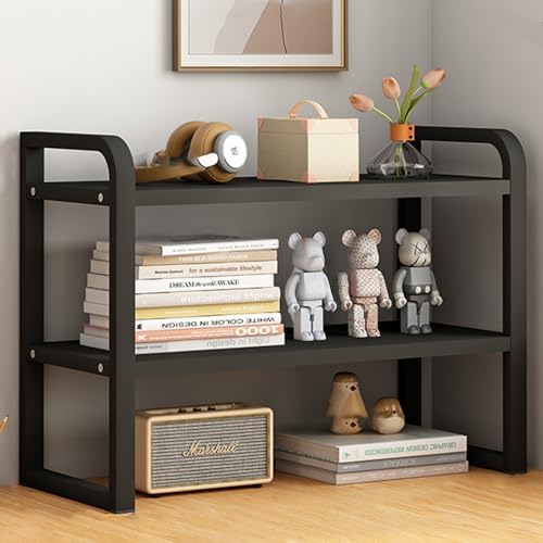 Office Desk Shelf Organizer, Wood Desktop Bookshelf Supplies Storage Rack, Shelf for Top of Desk and Dresser and Cubicle Decor Aesthetic Bookshelf (Black Black, Two Tier 19.69 Lx7.87 Wx15.16 H) by Janebert