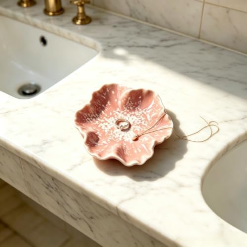 Pink Flower Ceramic Jewelry Dish - Rustic Glazed Trinket Tray for Rings Earrings, Boho Vanity Organizer for Bathroom Counter Nightstand Desk, Small Catch All Bowl for Keys Coins, Gift for Women - Image 7
