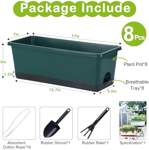 Oliz Window Box Planter 8 Pcs, 17 Inches Rectangle Flower Pots with Drainage Holes & Trays, Vegetable Planters for Windowsill Patio Garden Balcony Home Indoor Outdoor (Dark Green, 16 * 7 * 6 inch) - Image 7