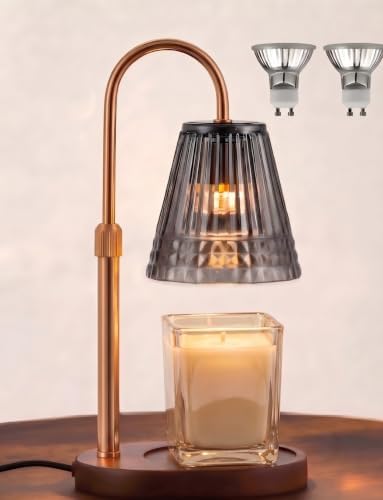Candle Warmer Lamp with Timer & Dimmer, Adjustable Height Glass Candle Warmer for Jar Candles, Smoky Grey Crystal Shades Brass Electric Wax Melt Lamp with 2 Bulbs by Unknown