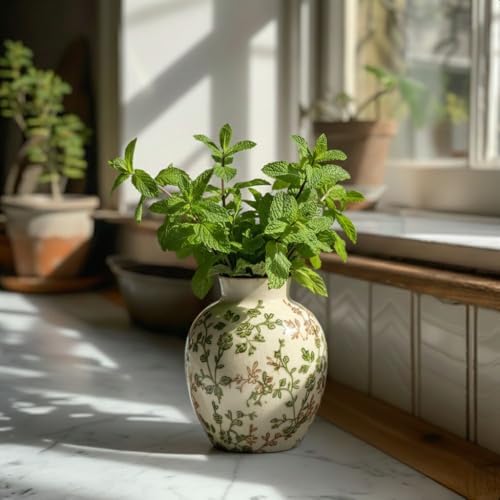 SIDUCAL Ceramic Green and Beige Antique Vase, 5.83 Inch Retro Ice Cracked Chinoiserie Floral Vase, Rustic Farmhouse Vases for Home Decor, Bookshelf, Office, Garden, Chinoiserie Decor, Tuscan Decor - Image 7