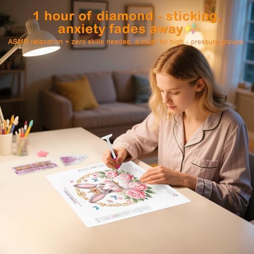 DIAMONDOUBLE Rabbit Diamond Painting Kit for Adults, 12x12 Special Shape & Partial Drill Diamond Art on Velvet Canvas, Cute Bunny Flower 3D Acrylic DIY Diamond Art Kit for Beginners, Home Wall Decor - Image 7