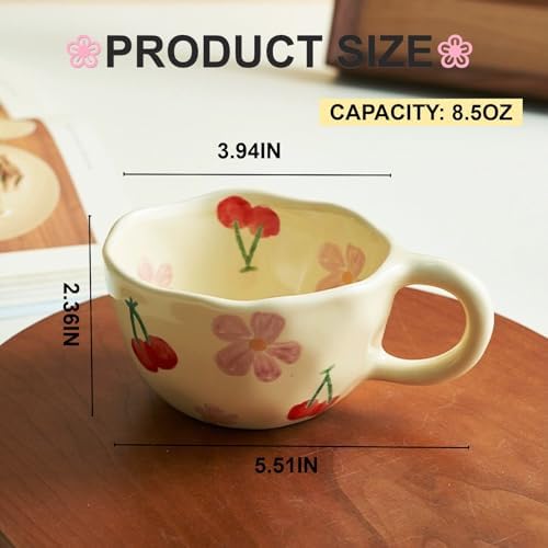 Creative Cute Coffee Mug Floral Ceramic Coffee Mug Flower Cute Cup for Women Girl 8.5oz Handmade Hot Chocolate Mugs for Latte Milk Tea Valentine’s Day Mother’s Day Birthday Christmas (Cherry) - Image 6
