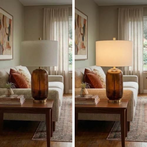 Signature Design by Ashley Farberman Amber Glass Table Lamp, 27-Inch with 3-Way Switch, Carved Glass and Metal with Drum Hardback Fabric Shade for Living Room or Bedroom, Orange & Metallic - Image 7