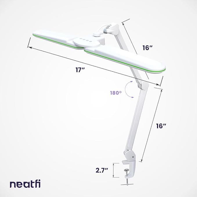 Neatfi Elite HD XL LED Desk Lamp, 3 Light Modes, 90PCS SMD LED, Non-Polar Dimming, Bright Eye-Caring Lighting for Home Office, Drafting, Beauty Shop, Workbench (CCT with Clamp, Green Ring, 17 Inches)