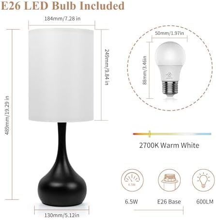 ONEWISH Touch Bedside Lamp for Bedroom, 3-Way Dimmable Table Lamps for Nightstand, White Fabric Shade Desk Lamp for Kids Reading, Living Room, Home Office - Image 6
