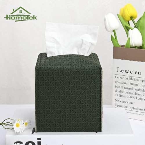 HOMOTEK 2 Pack Tissue Box Cover, Square PU Leather Tissue Holder, Decorative Facial Tissue Cube Paper Organizer Dispenser for Bathroom, Night Stands, Desk, Car 5X5X5'' - Rattan Weave,Emerald Green - Image 6