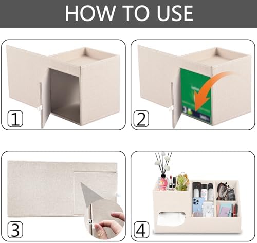 Plus Size Tissue Box Cover-Square Linen Tissue Cover with Side Storage and Tray,Modern Makeup Organizer,Leather Tissue Holder Decorative Cube Organizer for Living Room Vanity NightStand Office,Beige - Image 6