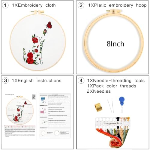 Flowers Cat Embroidery Kits for Beginners Adults, Cute Hand Embroidery Starters Kits, Floral Stamped Cross Stitch Kits Needlepoint Kits for Beginners Adults, Embroidery Hoop, Thread and Video Tutorial - Image 7