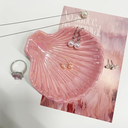 Shell Shape Ring Holder Dish, Seashell Jewelry Dish Tray, Ceramic Trinket Tray for Rings Earrings Necklaces Bracelet, Birthday Christmas Gift for Mom Friend Sister, 3.9", Pink Iridescent Surface - Image 6