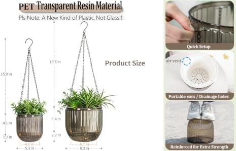 Melphoe 2 Pack Self Watering Hanging Planters Indoor Flower Pots, 5.3/8.3 Inch Outdoor Hanging Basket, Plant Hanger with 3Hooks Drainage Holes for Garden Home (Gray) - Image 6