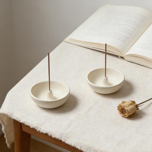 Cream White Ceramic Incense Holder Bowl - 3 Inch Round Incense Burner for Meditation, Home Decor, Ash Catcher with Center Hole for Thin Sticks (Cream White) - Image 6