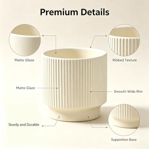 Ceramic Pots 5.1 Inch Fluted Beige Ceramic Planters Round Flower Pots with Drainage Hole for Desk Modern Office Living Room Table Shelf Home Indoor Outdoor Decor(Beige, Medium) - Image 6