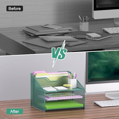 Samstar Green Desk File Organizer, Mesh Letter File Folder Holder with 3 Paper Trays and 2 Vertical Upright Section, for Office Supplies, Desk Accessories & Workspace, Green - Image 6