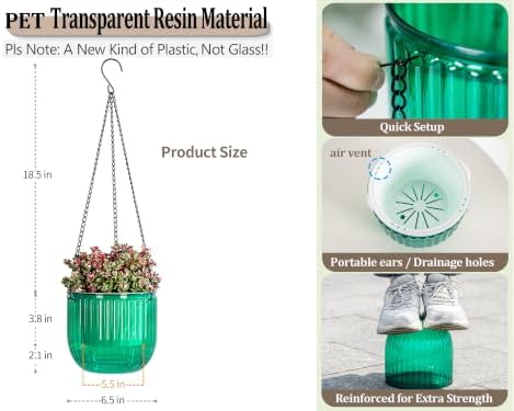 Melphoe 2 Pack Self Watering Hanging Planters Indoor Flower Pots, 6.5 Inch Outdoor Hanging Basket, Plant Hanger with 3Hooks Drainage Holes for Garden Home (Emerald) - Image 6
