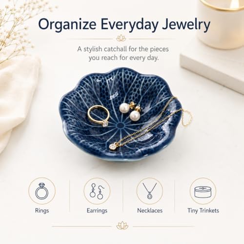 Dark Blue Lotus Ceramic Jewelry Dish Tray, Aesthetic Flower Shaped Trinket Tray for Rings Earrings Necklace, Minimalist Vanity Organizer Plate, Elegant Nightstand Bathroom Desk Decor Gift for Women - Image 7