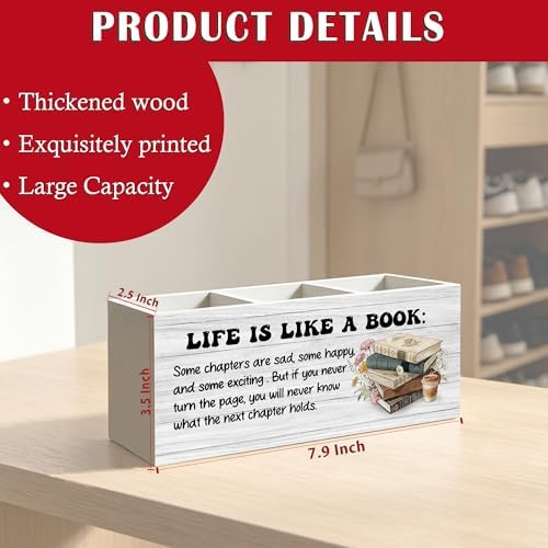 Inspirational Book Lover Gifts Pen Pencil Holder Organizer for Home Office Classroom Desk Accessories, Reader Gifts, Bookish Wood Signs for Reading Nook Corner Room Desk Tabletop Decor - Image 6