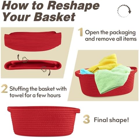 Pro Goleem Small Woven Basket with Gift Bags and Ribbons Durable Baskets for Gifts Empty Small Rope Basket for Storage 12"X 8" X 5" Baby Toy Basket with Handles, Red - Image 7