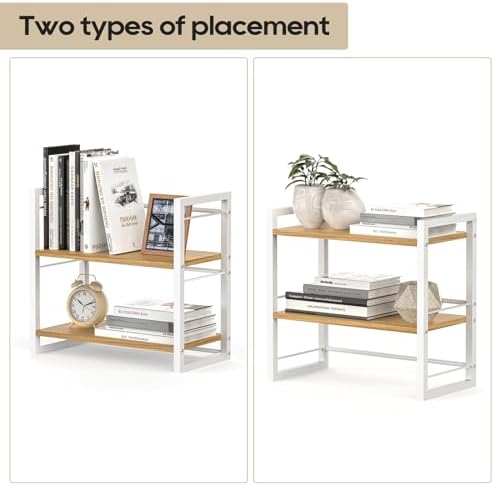 Office Desk Shelf Organizer, Wood Desktop Bookshelf Supplies Storage Rack, Shelf for Top of Desk and Dresser (White-2 Tier) - Image 6