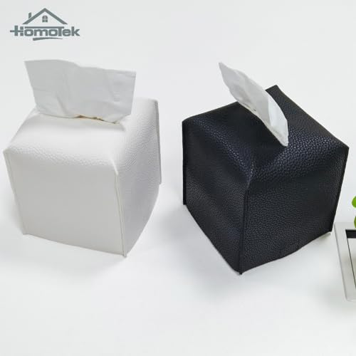 HOMOTEK 2 Pack Tissue Box Cover, Square PU Leather Tissue Holder, Decorative Facial Tissue Cube Paper Organizer Dispenser for Bathroom, Night Stands, Desk, Car 5X5X5'' - Matte Black, Pebble Grain - Image 6