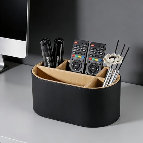 KINGFOM PU Leather Desk Organizer with Multi Compartments, Desktop Caddy Holder for Remote Controls, Pens, Makeup Brushes, Office Accessories (Black) - Image 6