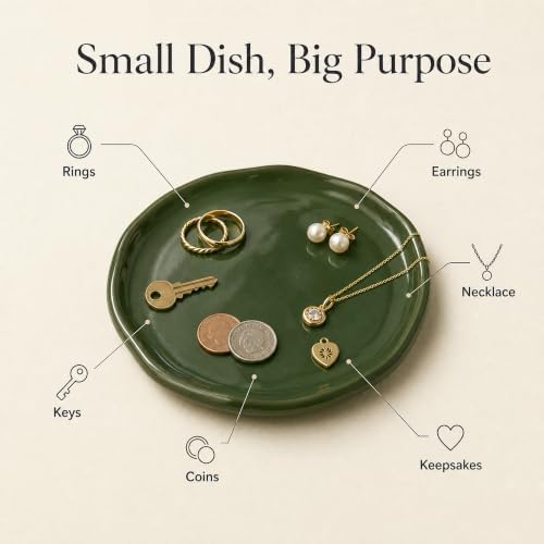 Jewelry Dish, Vintage Green Ceramic Round Shallow Ring Tray - Image 6