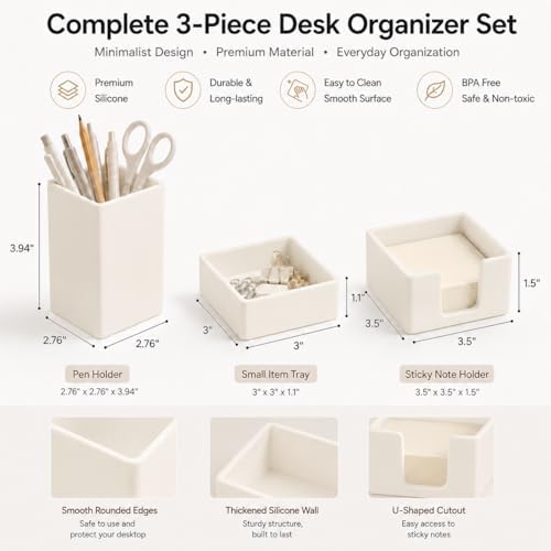 minimaliving Aesthetic Silicone Desk Organizer Set of 3,Modern Office Desk Accessories with Pen Holder,Paperclip Tray,Sticky Note Holder,Stylish Functional Office Desk Decor for Back-to-school(Beige) - Image 7